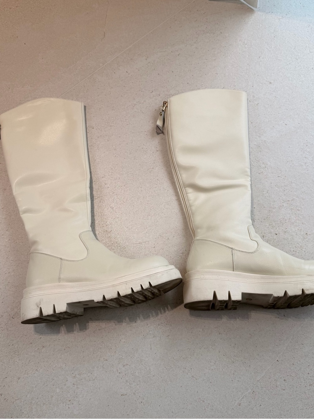 Tall Cream Platform Heeled Boots with Side Zip